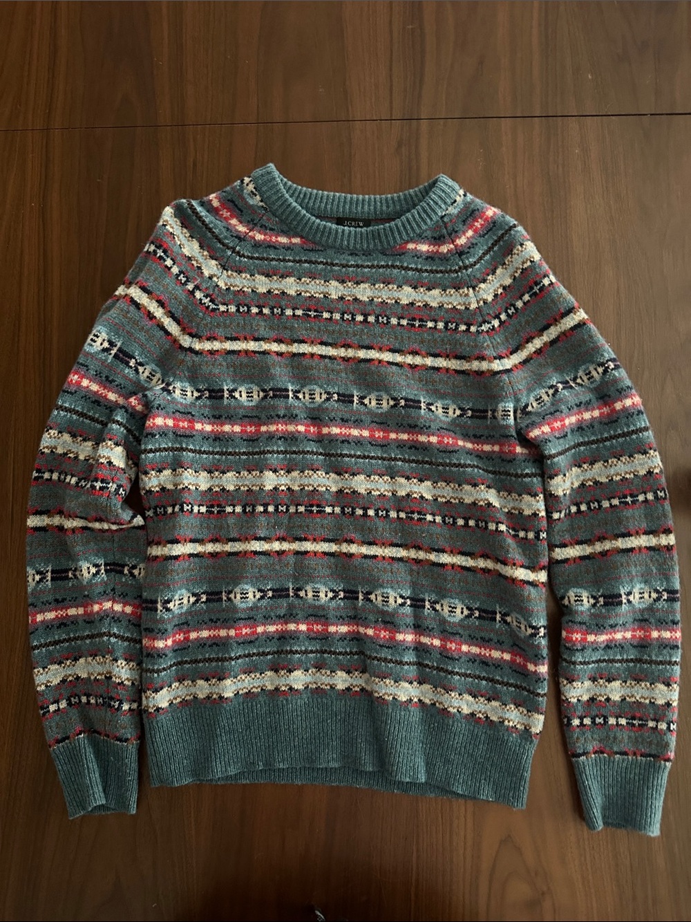 J. Crew Teal Crewneck Sweater with Multicolor Fair Isle Stripes